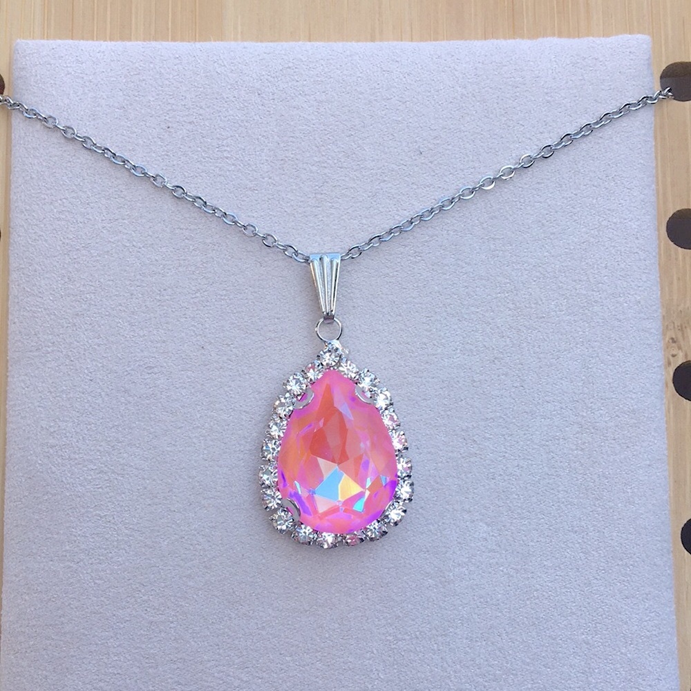 Pink Aurora Borealis + Silver Crystal Halo Pear Drop Pendant Necklace - Picture 4 of 11